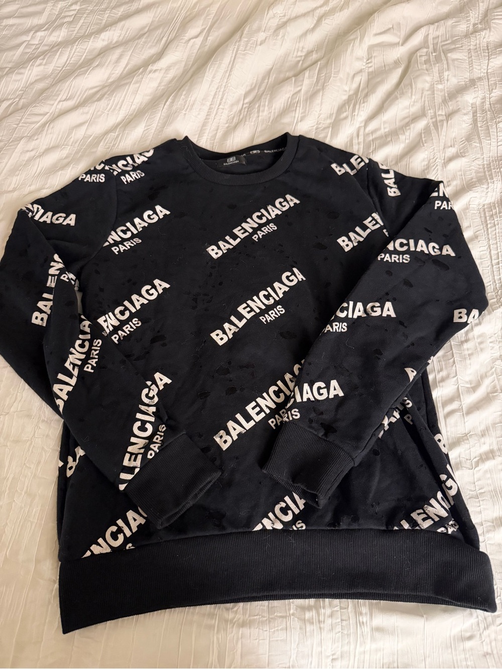 Balenciaga Black Crewneck with All-Over White Logo